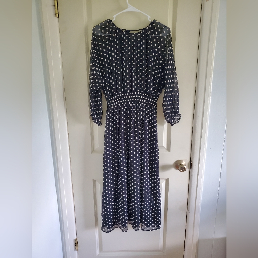 Zara High Neck Open Back Embroidered Floral Polka Dot Quarter Sleeve Midi Dress